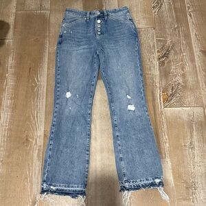 Free People “We the Free” Blue Straight Leg Jeans with Frayed Hem & Distressing